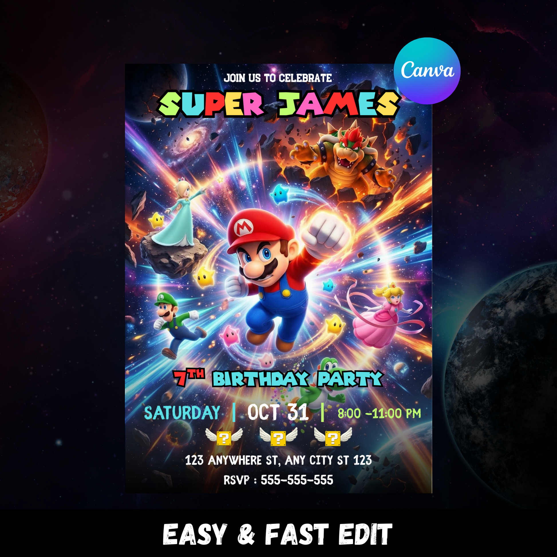 Super Mario Galaxy Birthday Invitation, Editable Outer Space Party Invite Canva Template CreativeRino