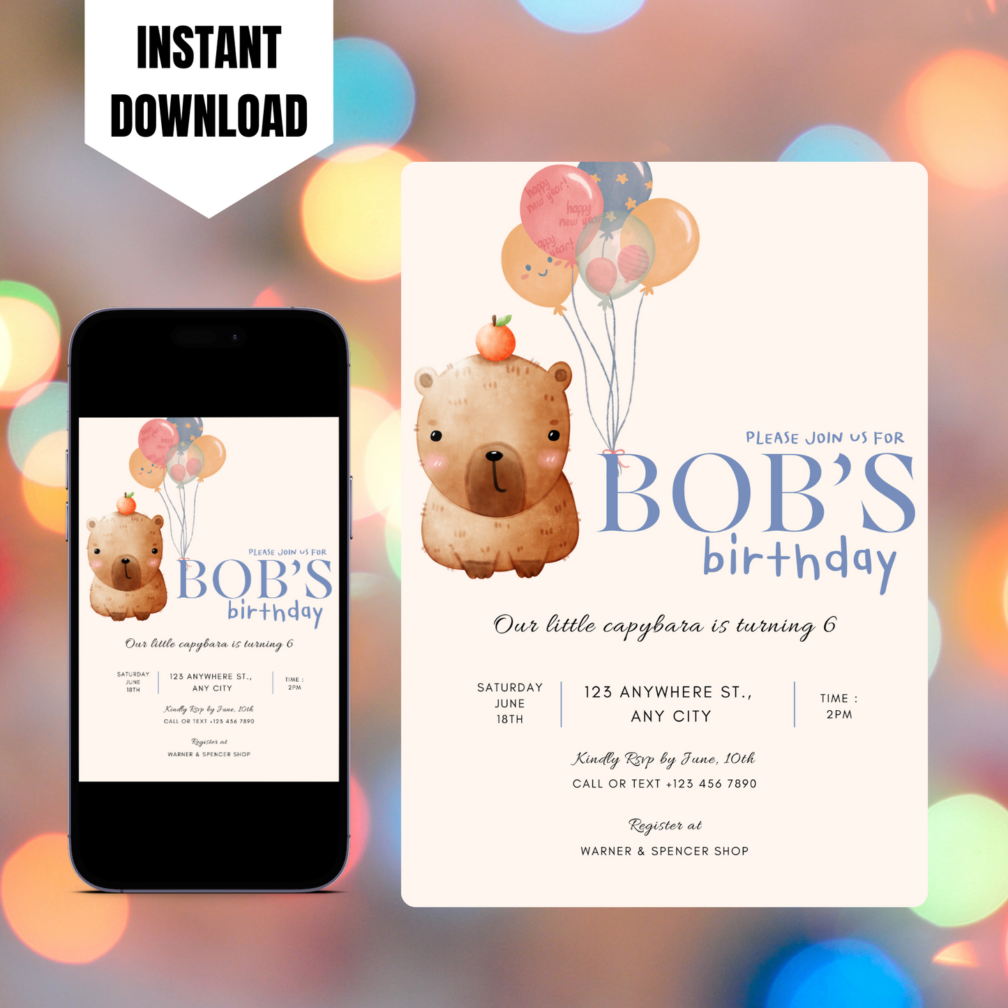 Capybara Birthday Invitation Template