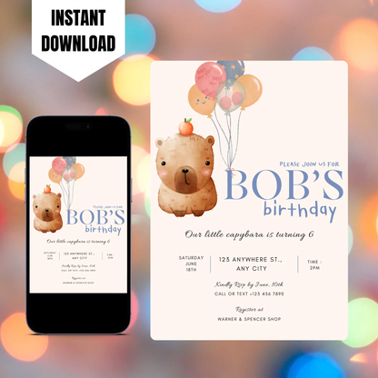 Capybara Birthday Invitation Template CreativeRino