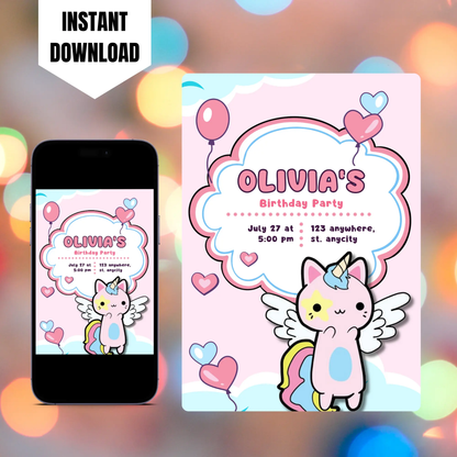 Caticorn Birthday Invitation Template CreativeRino
