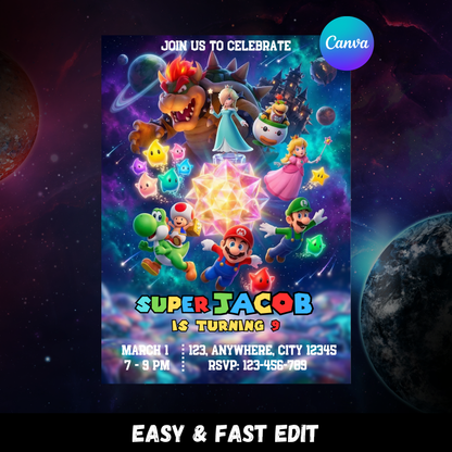 Super Mario Galaxy Birthday Invitation Template | Mario Space Theme Party Invite | Editable Mario Kids Birthday Invite | Printable Video Game Invitation CreativeRino