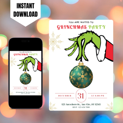 Grinchmas Christmas Party Invitation Template | Grinch Invite CreativeRino