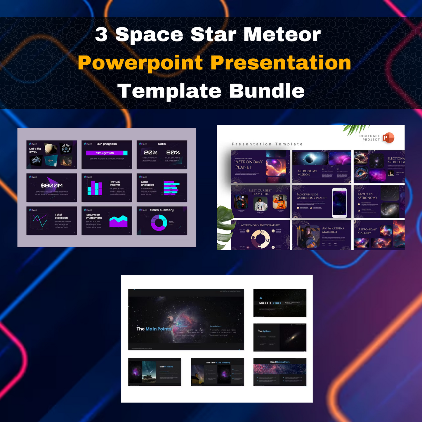 3 Space Star Meteor Business PowerPoint Template Bundle | Modern Clean Astronomy Presentation Templates