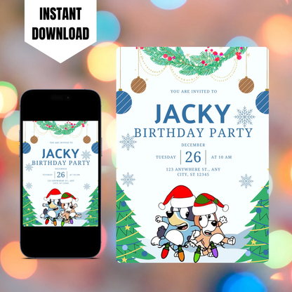 Bluey and Bingo Christmas Birthday Invitation Template CreativeRino