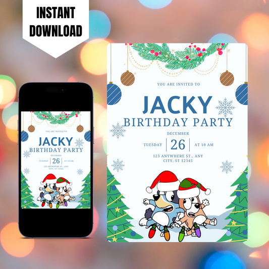 Bluey and Bingo Christmas Birthday Invitation Template