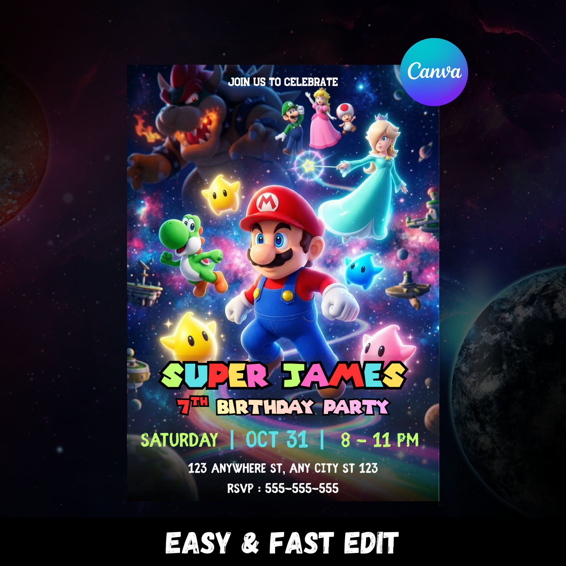 Editable Super Mario Galaxy Birthday Invitation, Outer Space Party Invite Canva Template CreativeRino
