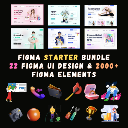 Figma Starter Bundle | 22 Figma UI Design Template | 2000+ Figma Illustrations Icons Vectors 3D, Figma Template Bundle CreativeRino