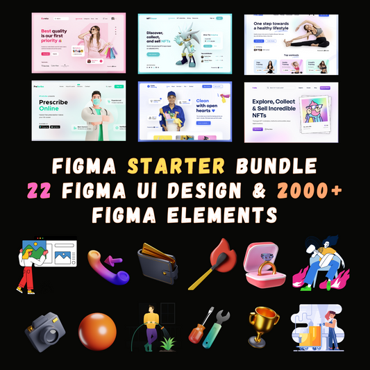 Figma Starter Bundle | 22 Figma UI Design Template | 2000+ Figma Illustrations Icons Vectors 3D, Figma Template Bundle