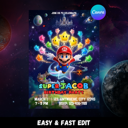 Super Mario Galaxy Party Invitation | Mario Birthday Invite Template | Space Mario Kids Birthday Invitation | Instant Download Printable CreativeRino