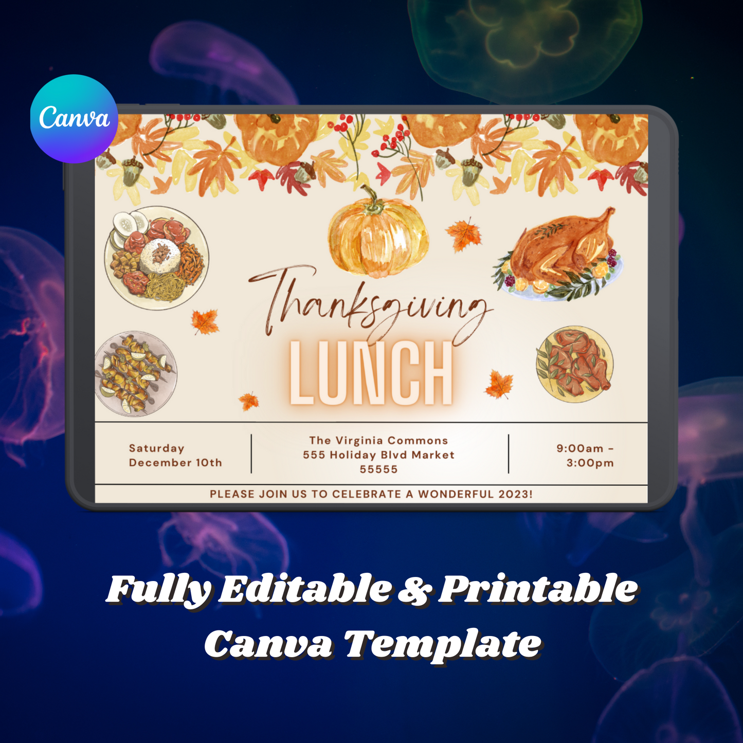 Fall Thanksgiving Lunch Party Invitation Template | Thanksgiving Luncheon Invite