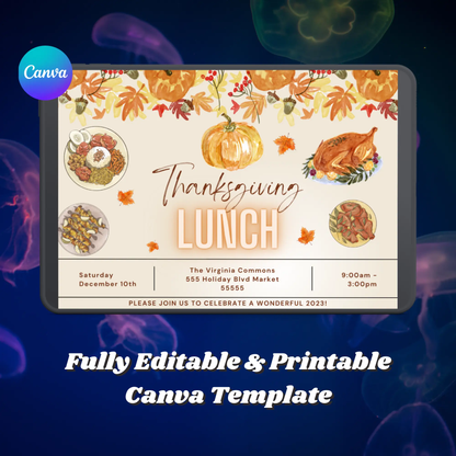 Fall Thanksgiving Lunch Party Invitation Template | Thanksgiving Luncheon Invite CreativeRino