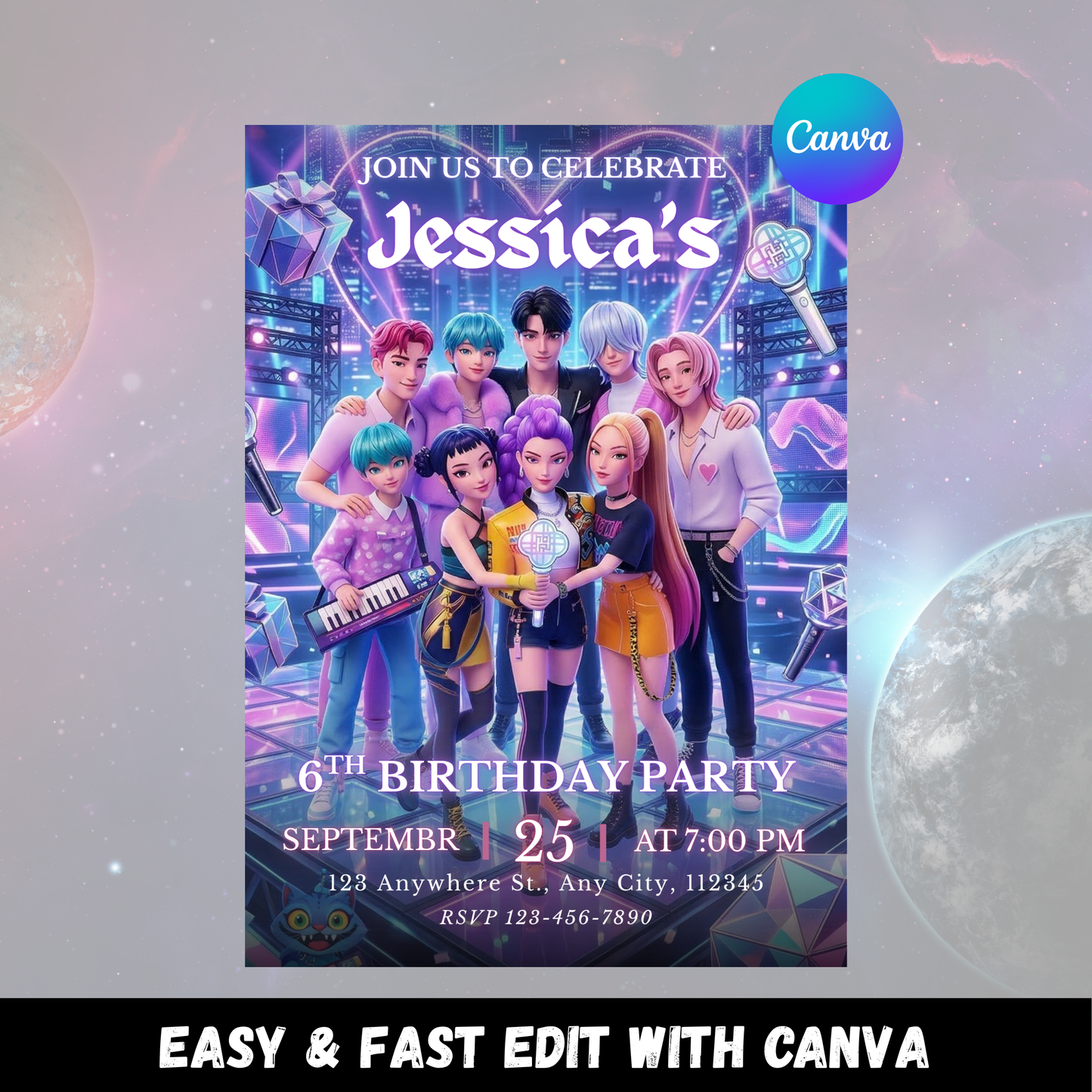Kpop Demon Hunters Birthday Invitation Template Digital Printable Custom Party Invite CreativeRino