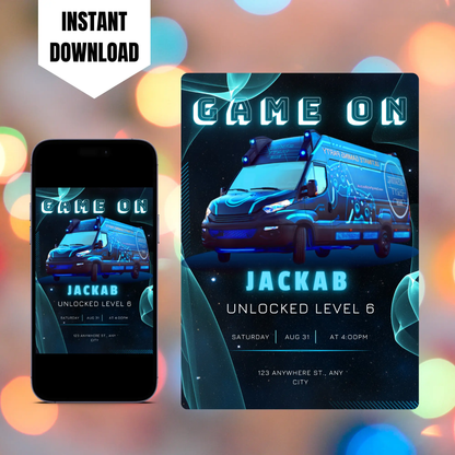 Game Truck Gaming Birthday Invitation Template CreativeRino
