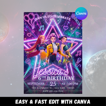 Demon Hunters Kpop Theme Birthday Template – Printable Party Invite CreativeRino