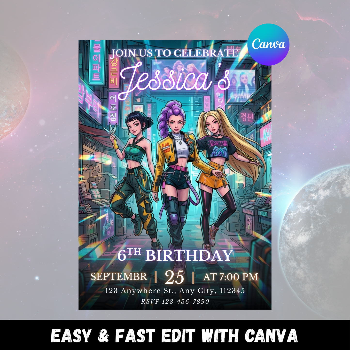 Kpop Demon Hunters Birthday Party Invitation – Custom Editable CreativeRino