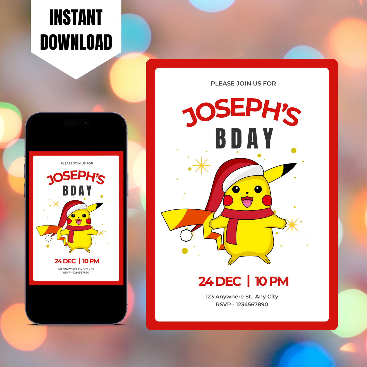 Pikachu Pokemon Christmas Birthday Invitation Template