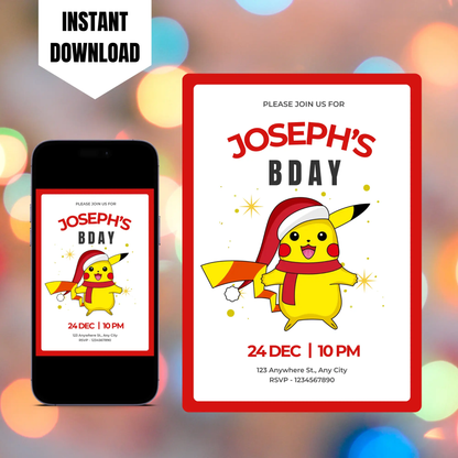 Pikachu Pokemon Christmas Birthday Invitation Template CreativeRino