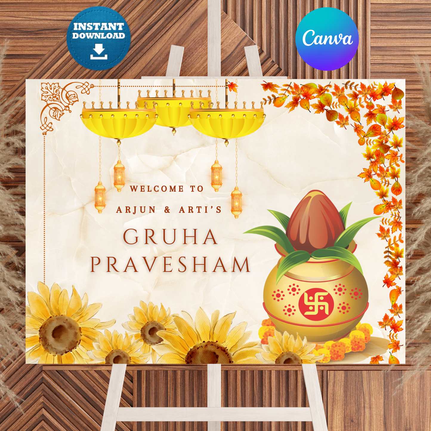 Gruhapravesham Welcome Sign Template | Indian Housewarming Welcome Sign