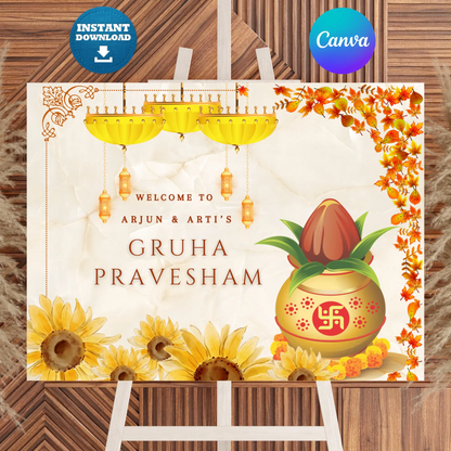 Gruhapravesham Welcome Sign Template | Indian Housewarming Welcome Sign CreativeRino