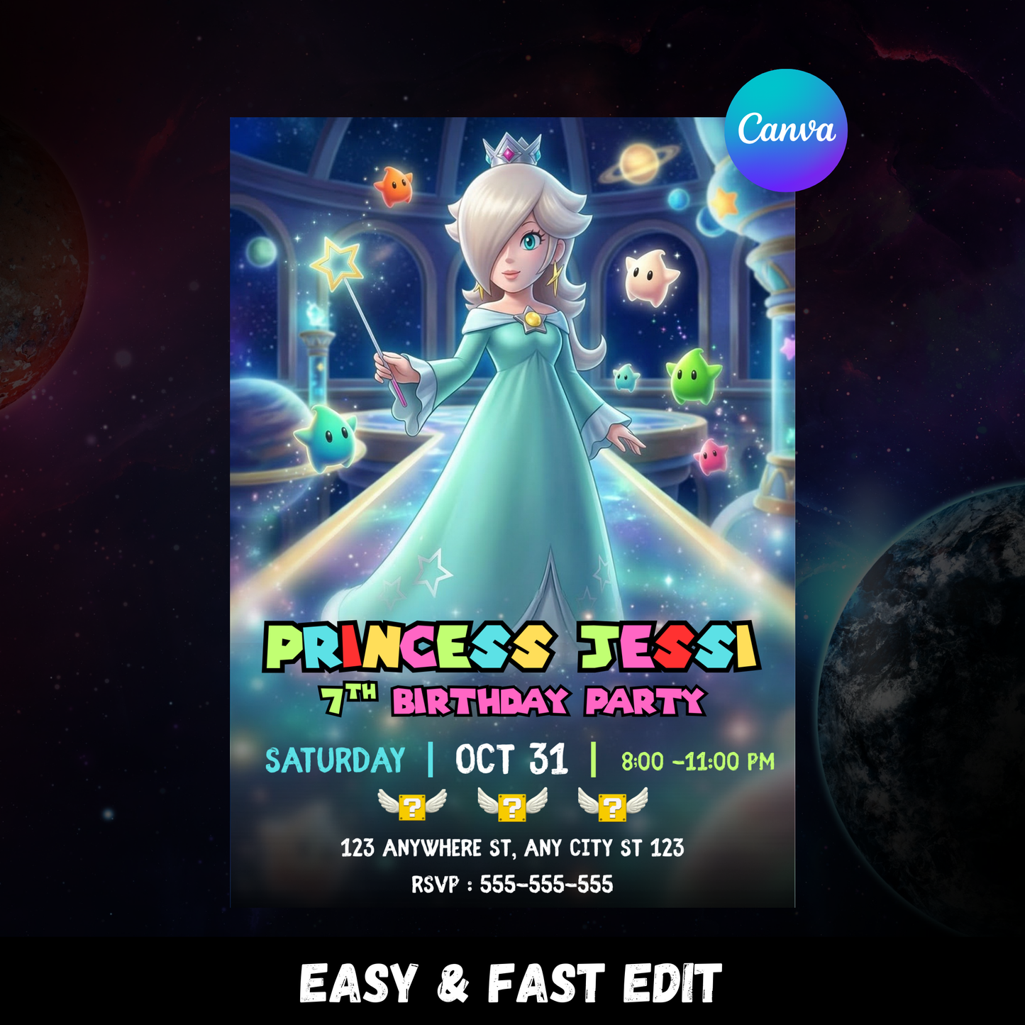 Princess Rosalina Birthday Invitation, Mario Galaxy Birthday Invitation, Editable Outer Space Party Invite Canva Template CreativeRino