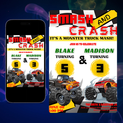 Smash and Crash Birthday Invitation Template | Monster Truck Invite CreativeRino
