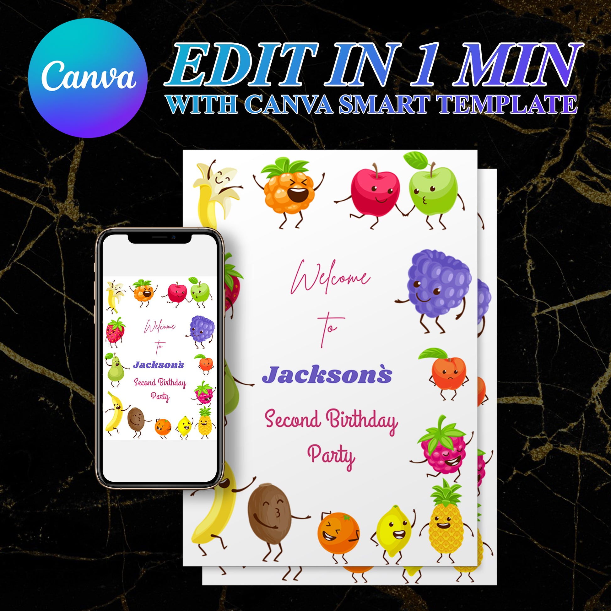 Hey Bear Dancing Fruit Birthday Welcome Sign Template - CreativeRino