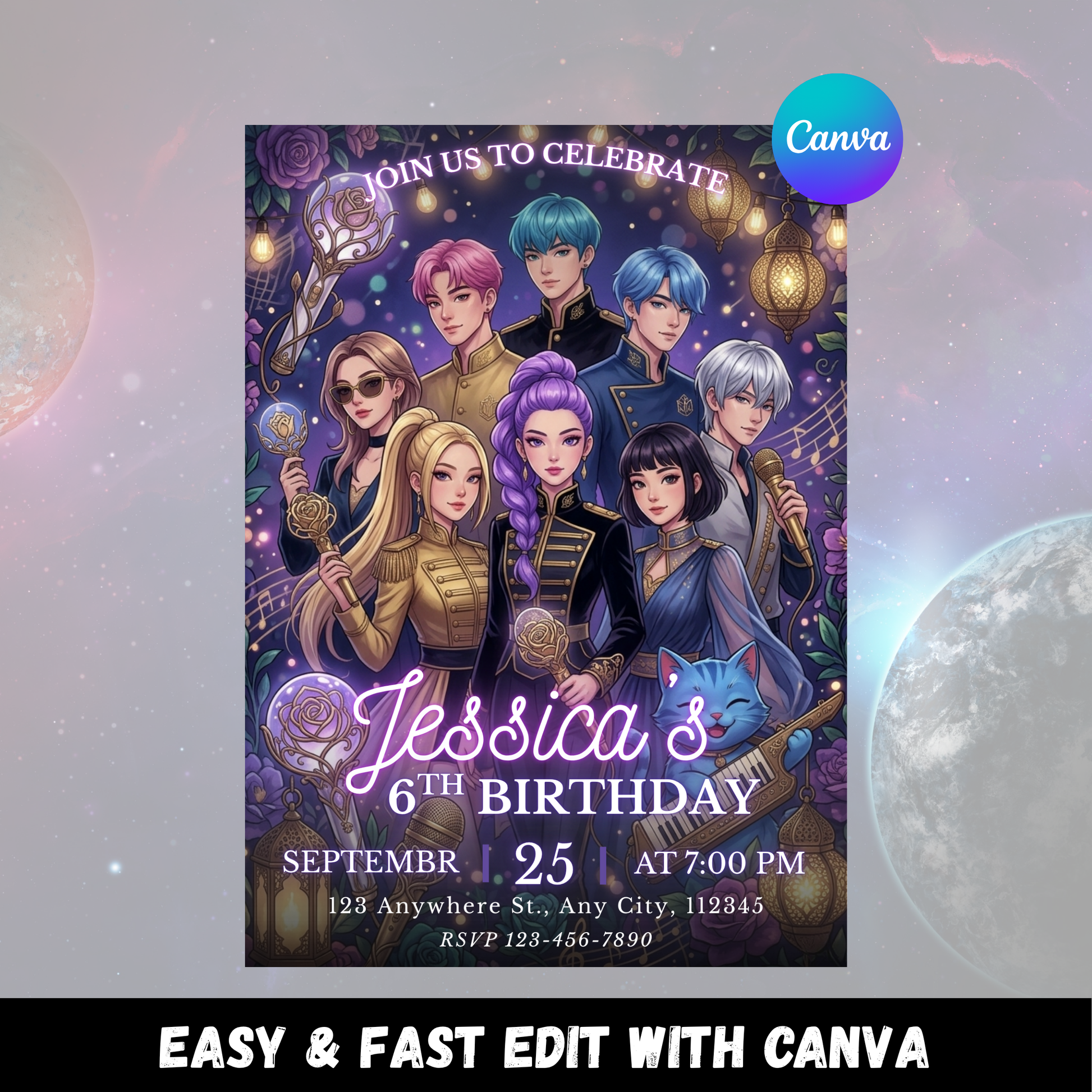 Kpop Demon Hunters Birthday Invitation – Modern Digital Party Template CreativeRino