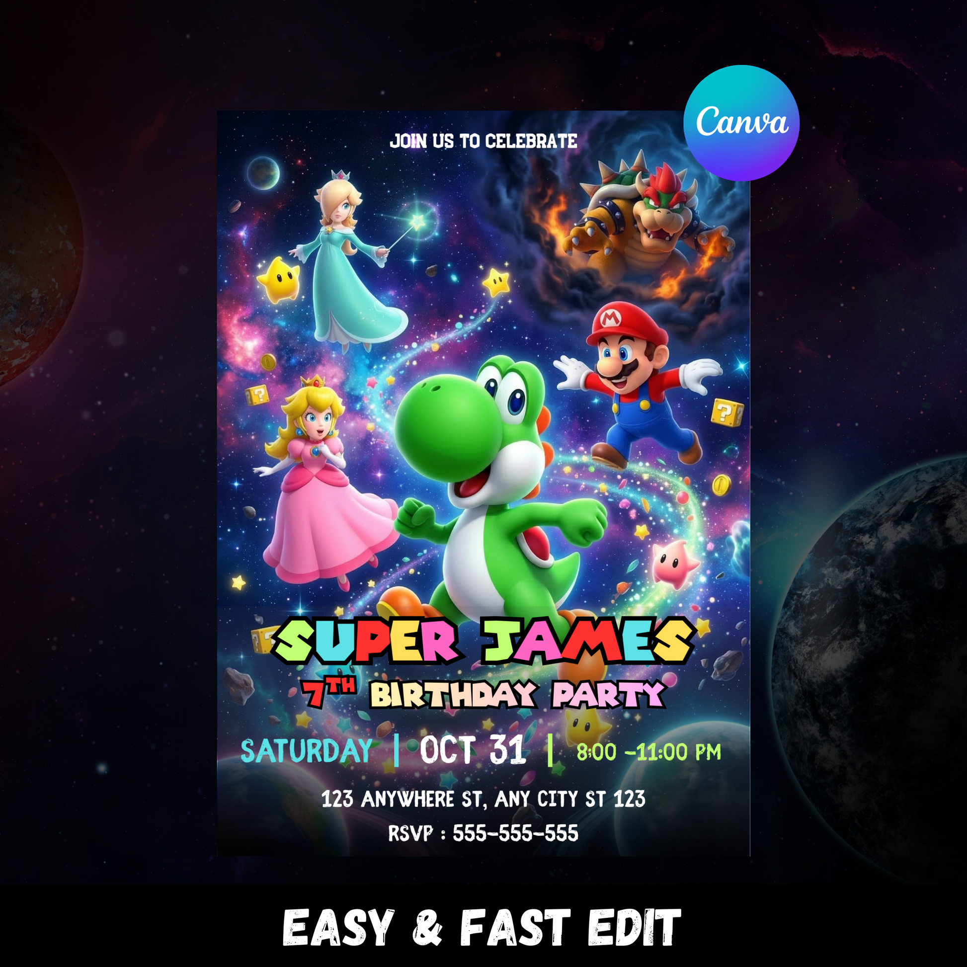 Yoshi Birthday Invitation, Mario Galaxy Birthday Invitation, Editable Outer Space Party Invite Canva Template CreativeRino