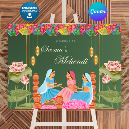 Mehndi Sign Template | Indian Wedding Welcome Sign CreativeRino