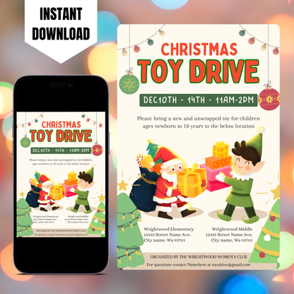 Christmas Toy Drive Flyer Template | Toy Drive Invitation CreativeRino