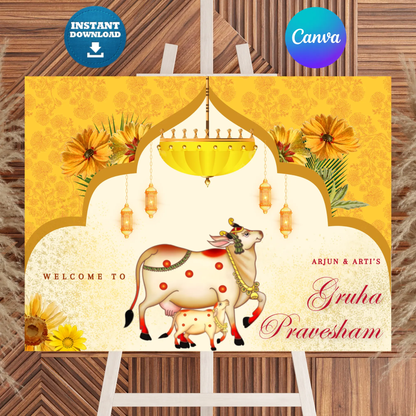 Gruhapravesham Welcome Sign Template | Indian Housewarming Welcome Sign CreativeRino