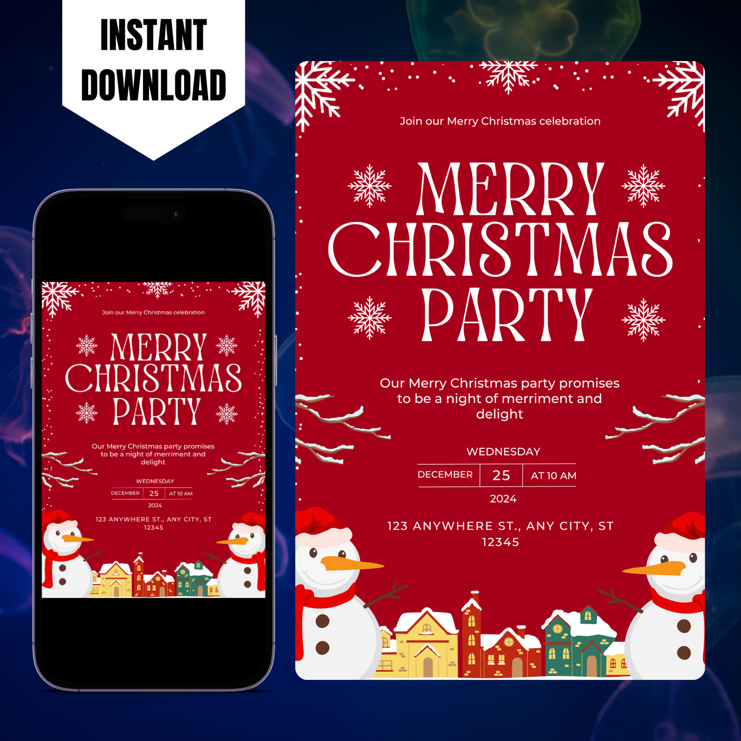 Christmas Party Invitation Template | Snowman Merry Christmas Invite