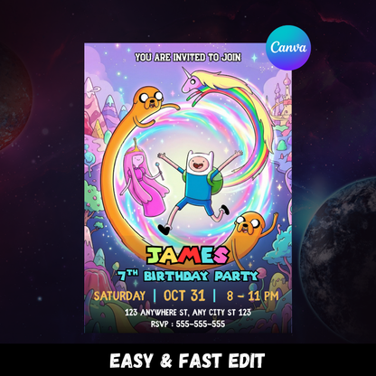 Adventure Time Invitation Template Canva Editable | Finn Jake Birthday Party Invite CreativeRino
