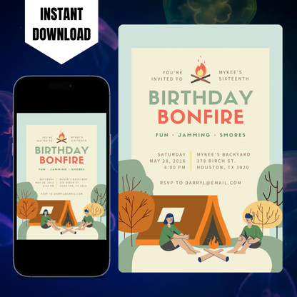 Bonfire Birthday Invitation Template | Camping Invite CreativeRino