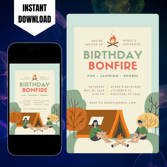 Bonfire Birthday Invitation Template | Camping Invite