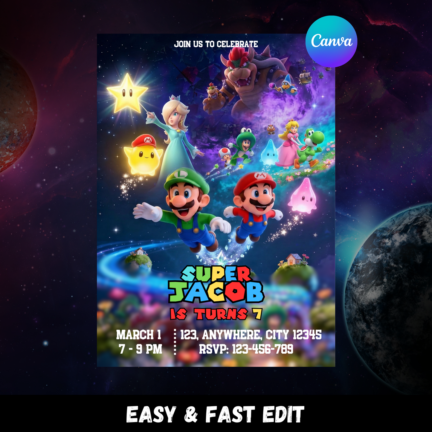 Editable Super Mario Galaxy Birthday Invitation | Mario Space Party Invite | Kids Mario Birthday Invitation | Printable Video Game Party Invite CreativeRino