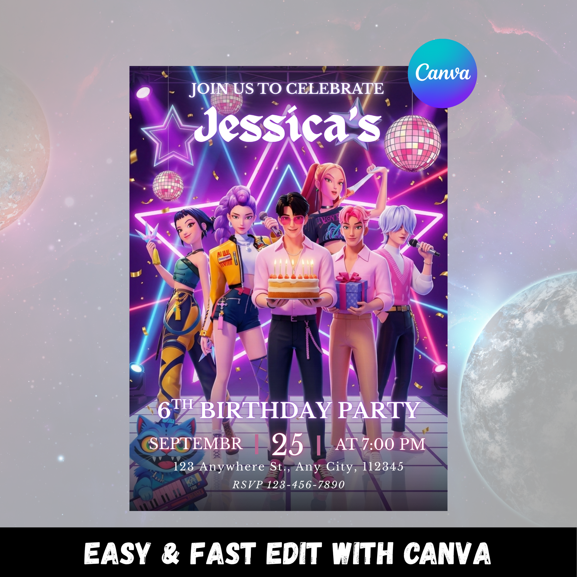 Digital Kpop Demon Hunters Birthday Invitation Instant Download Editable Printable Card CreativeRino