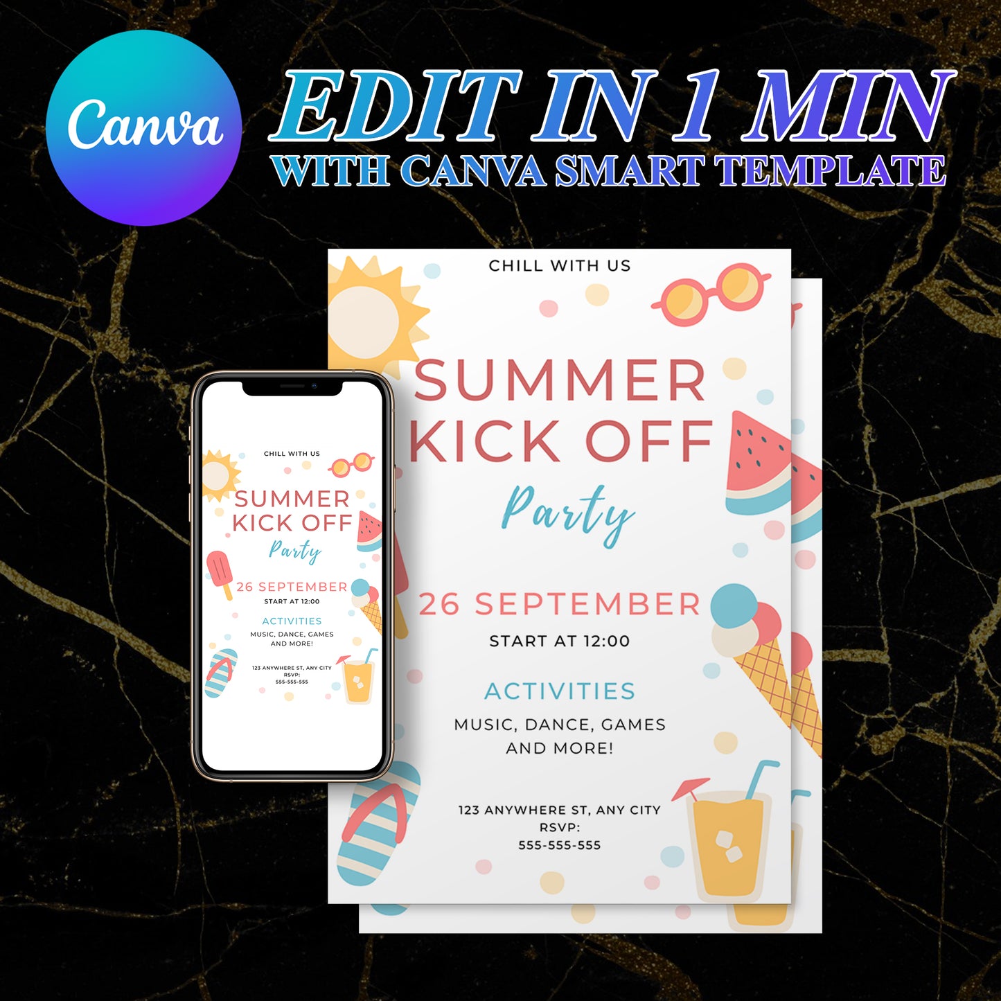 Summer Kick Off Party Invite | End of Summer Party Invitation Canva Template