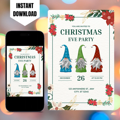 Gnome Christmas Eve Party Invitation Template CreativeRino
