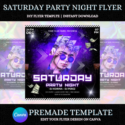 Saturday Party Night Flyer Template | DJ Party Social Media Flyer CreativeRino