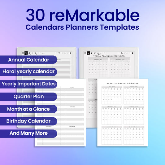 30 reMarkable 2 Calendars Planners Template Bundle