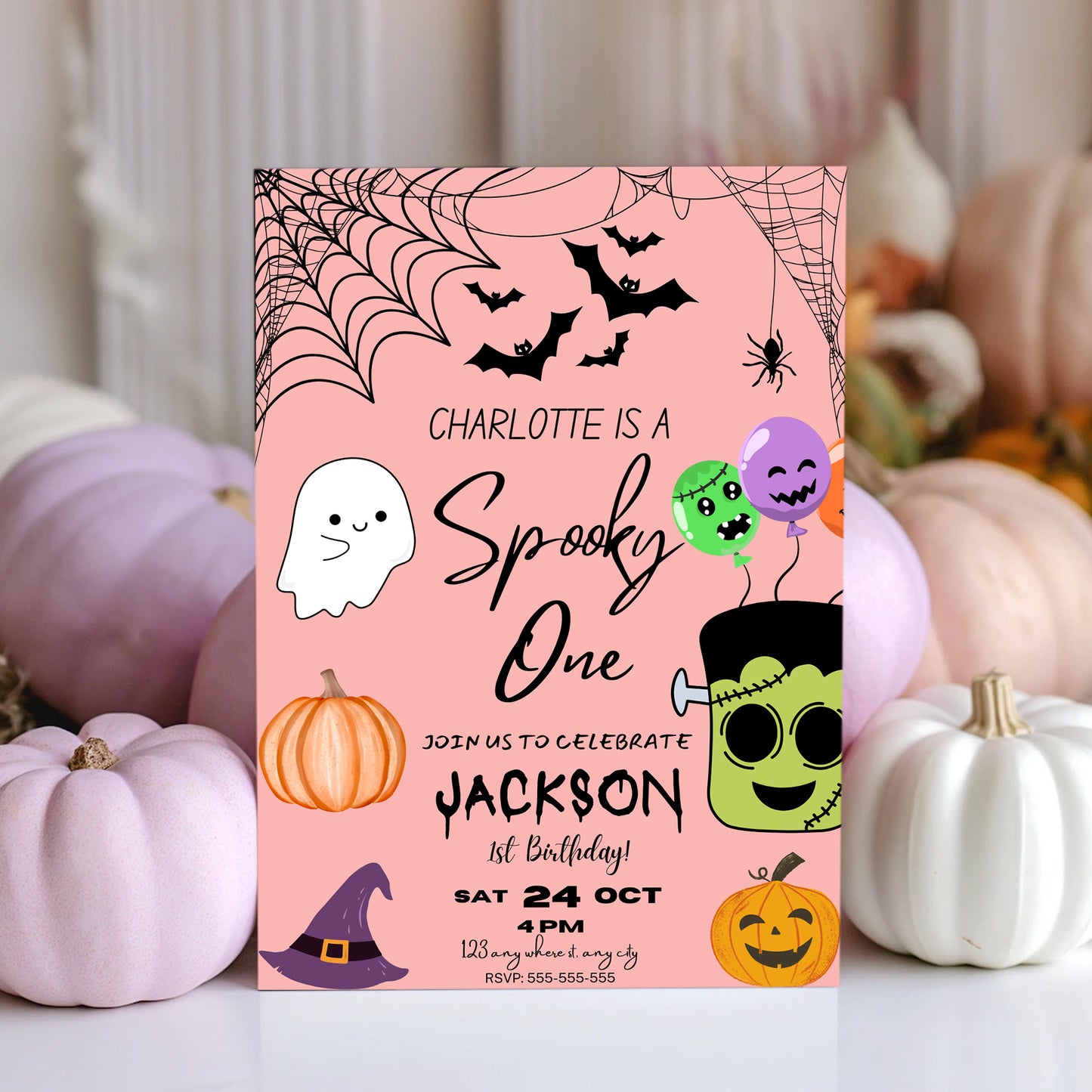 Pink Spooky One Halloween Birthday Invitation Template