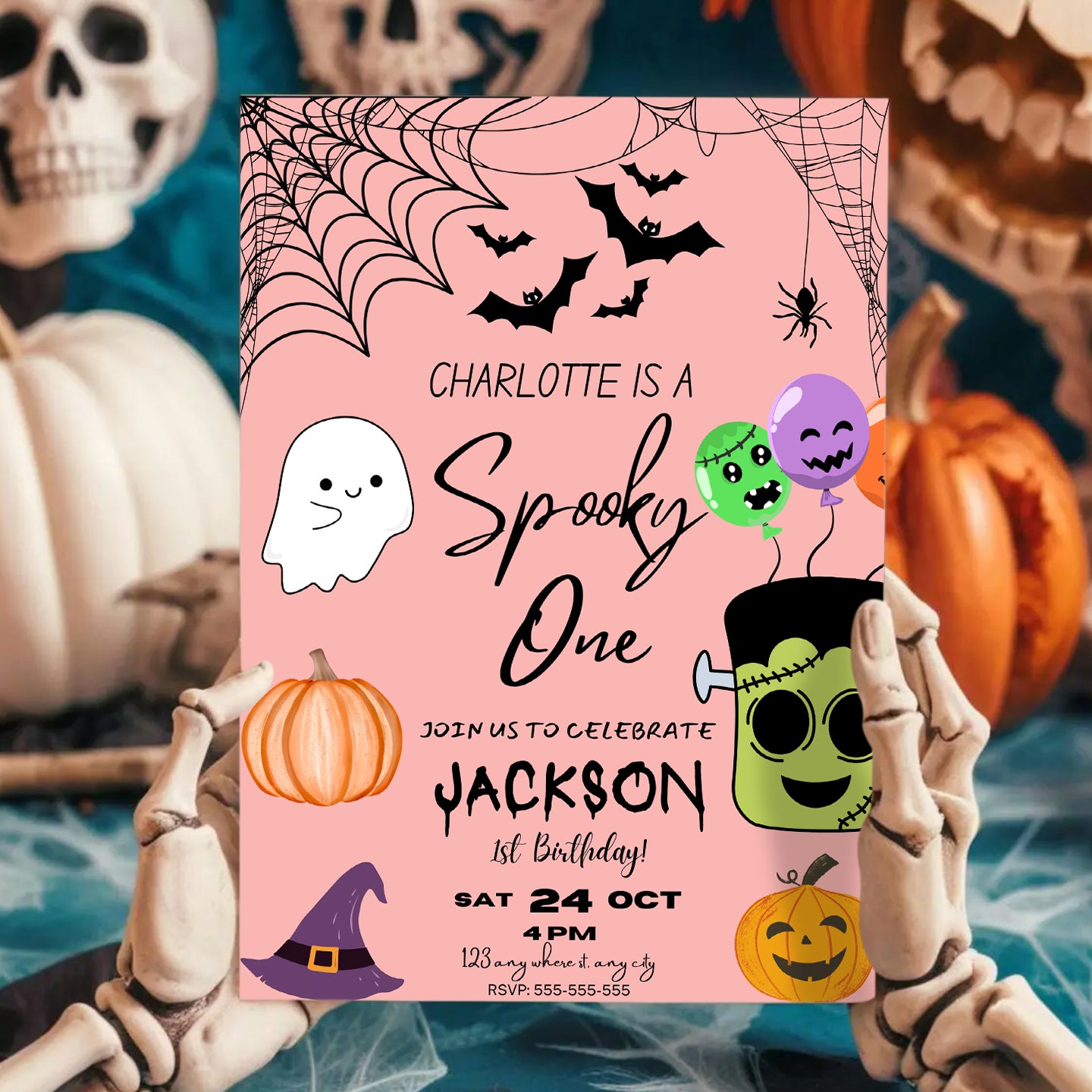 Pink Spooky One Halloween Birthday Invitation Template