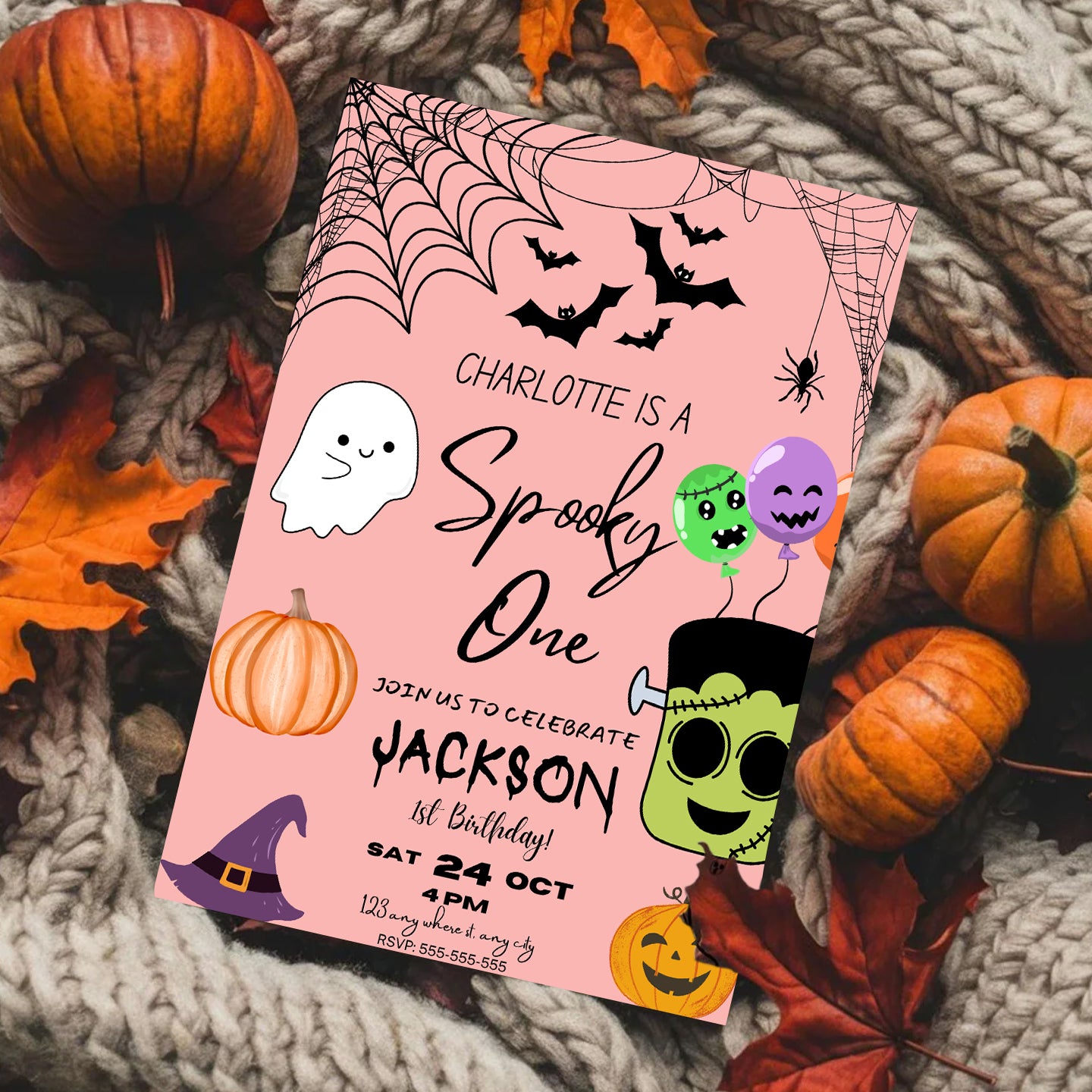 Pink Spooky One Halloween Birthday Invitation Template