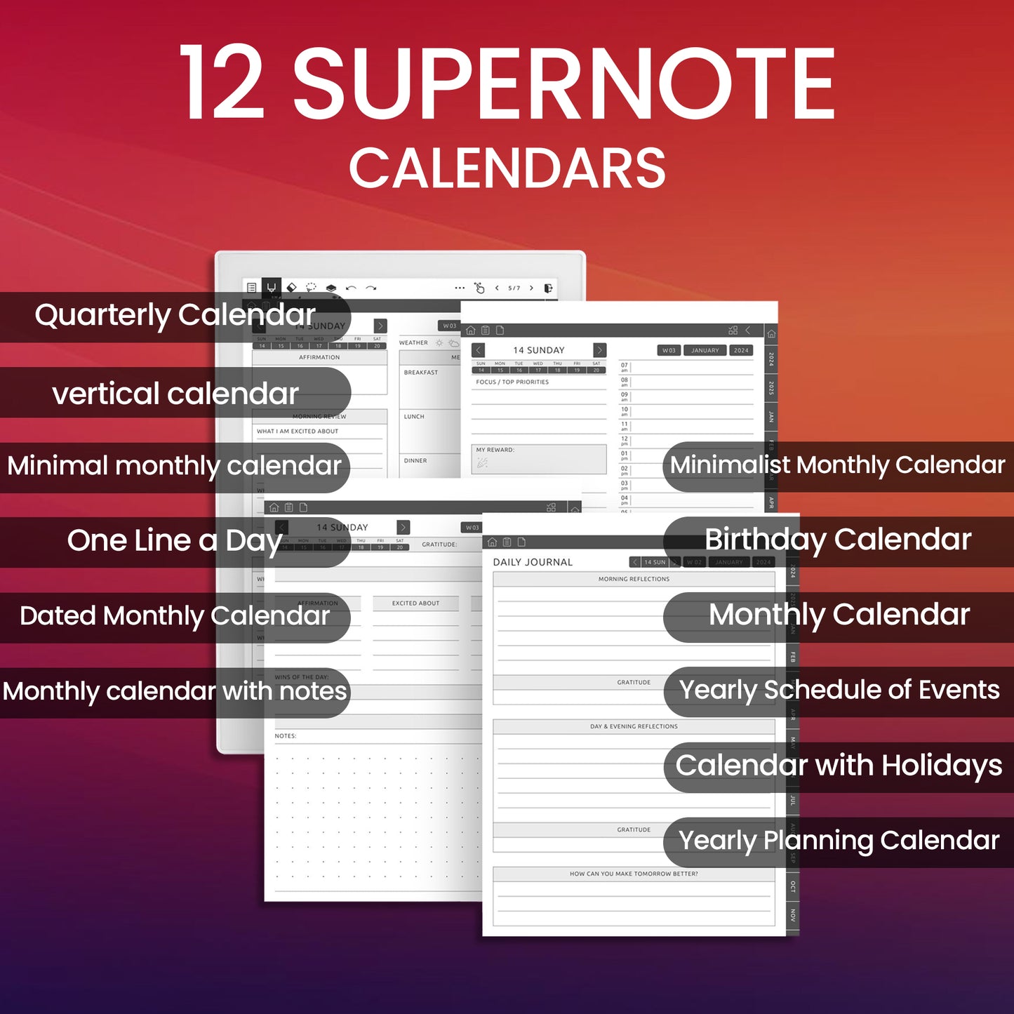 12 Supernote A5X Calendars Planner Template Bundle