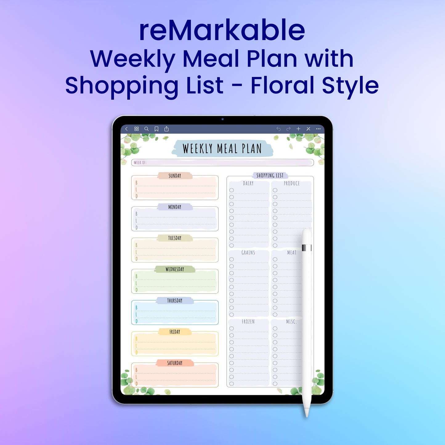 reMarkable 2 Weekly Meal Plan with Shopping List - Floral Style Planner Template