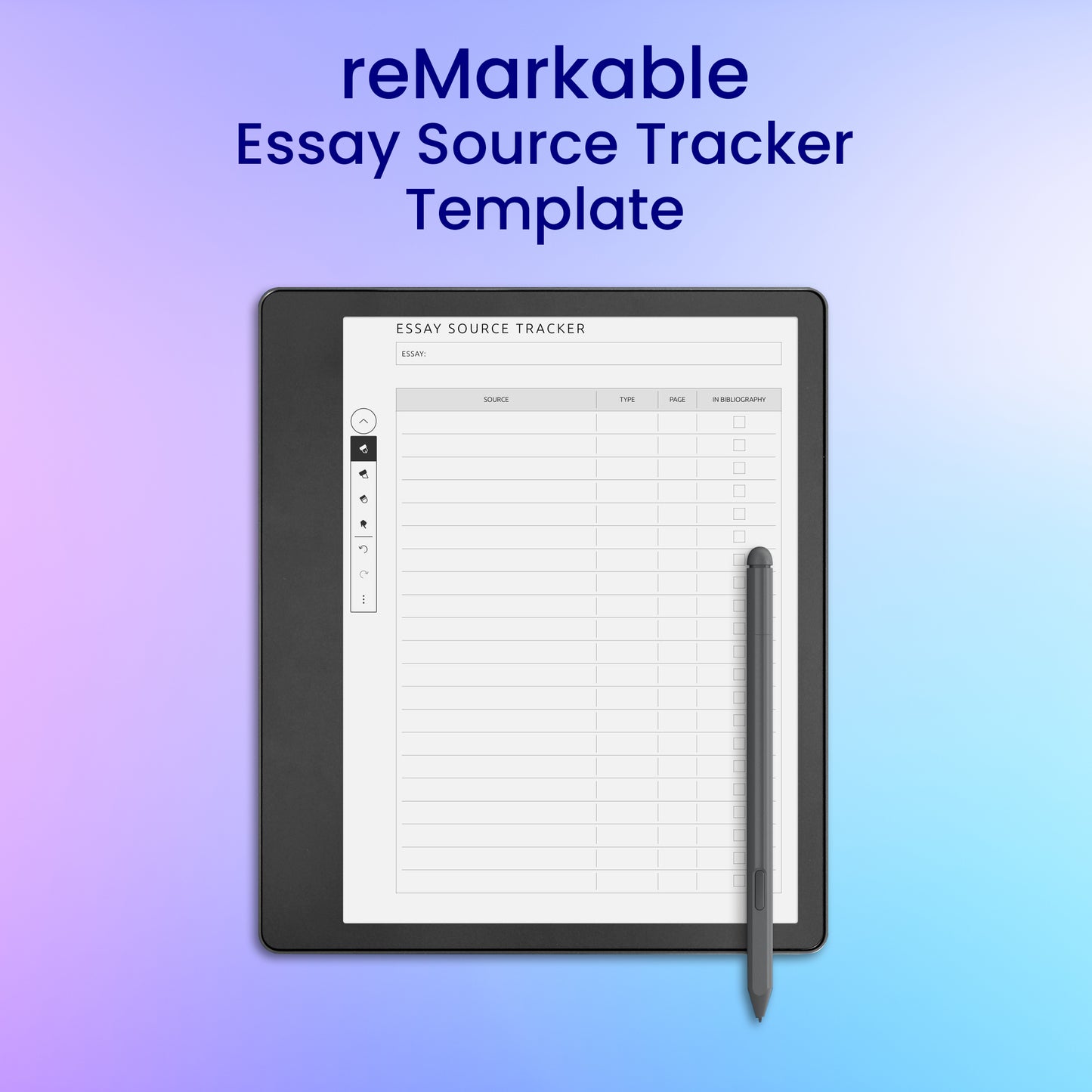 reMarkable 2 Essay Source Tracker Template Planner Template