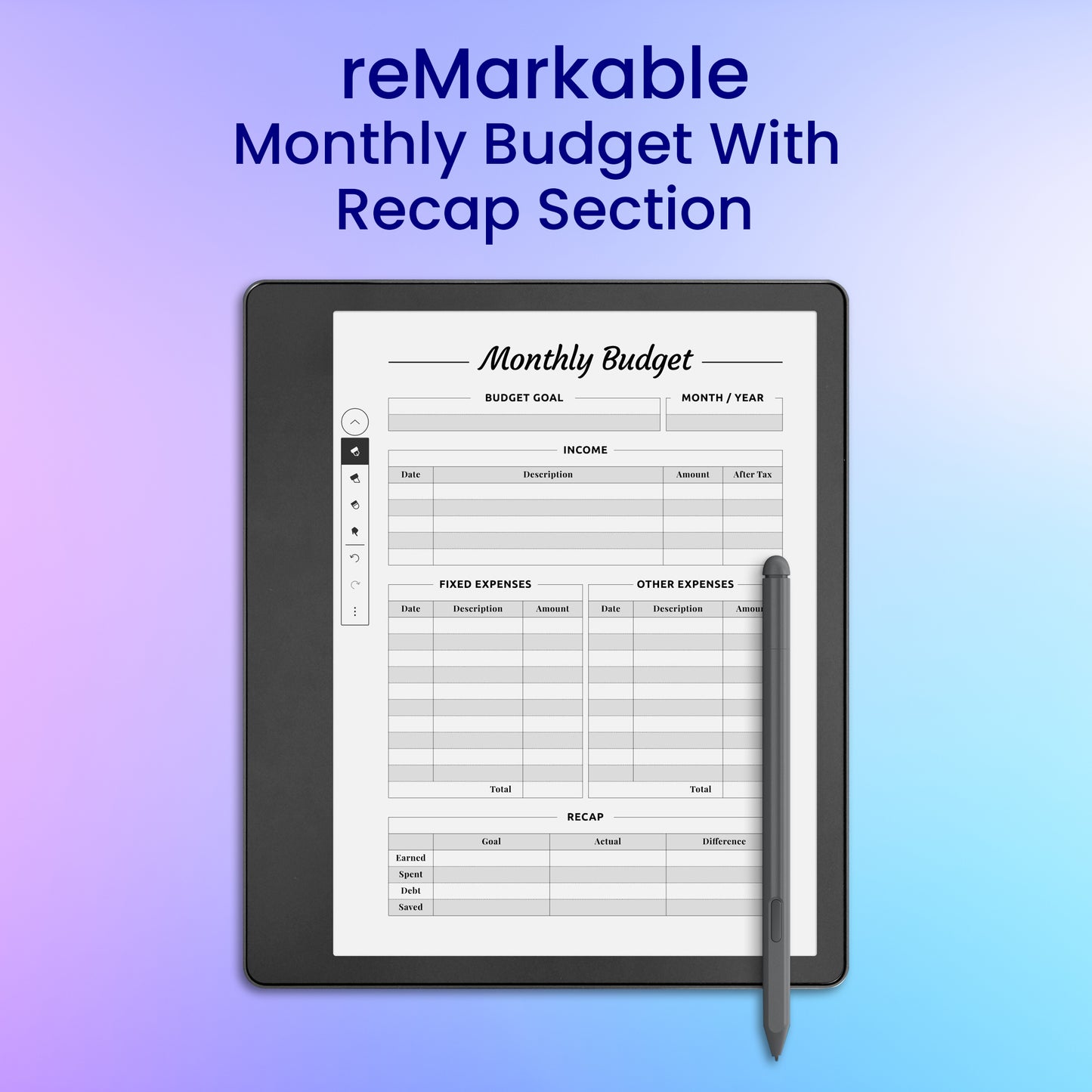 reMarkable 2 Monthly Budget with Recap Section Planner Template