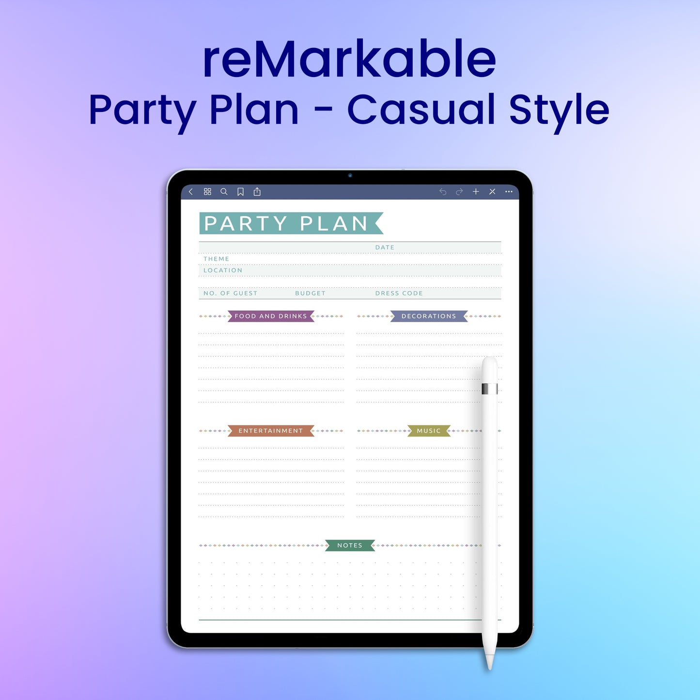 reMarkable 2 Party Plan - Casual Style Planner Template