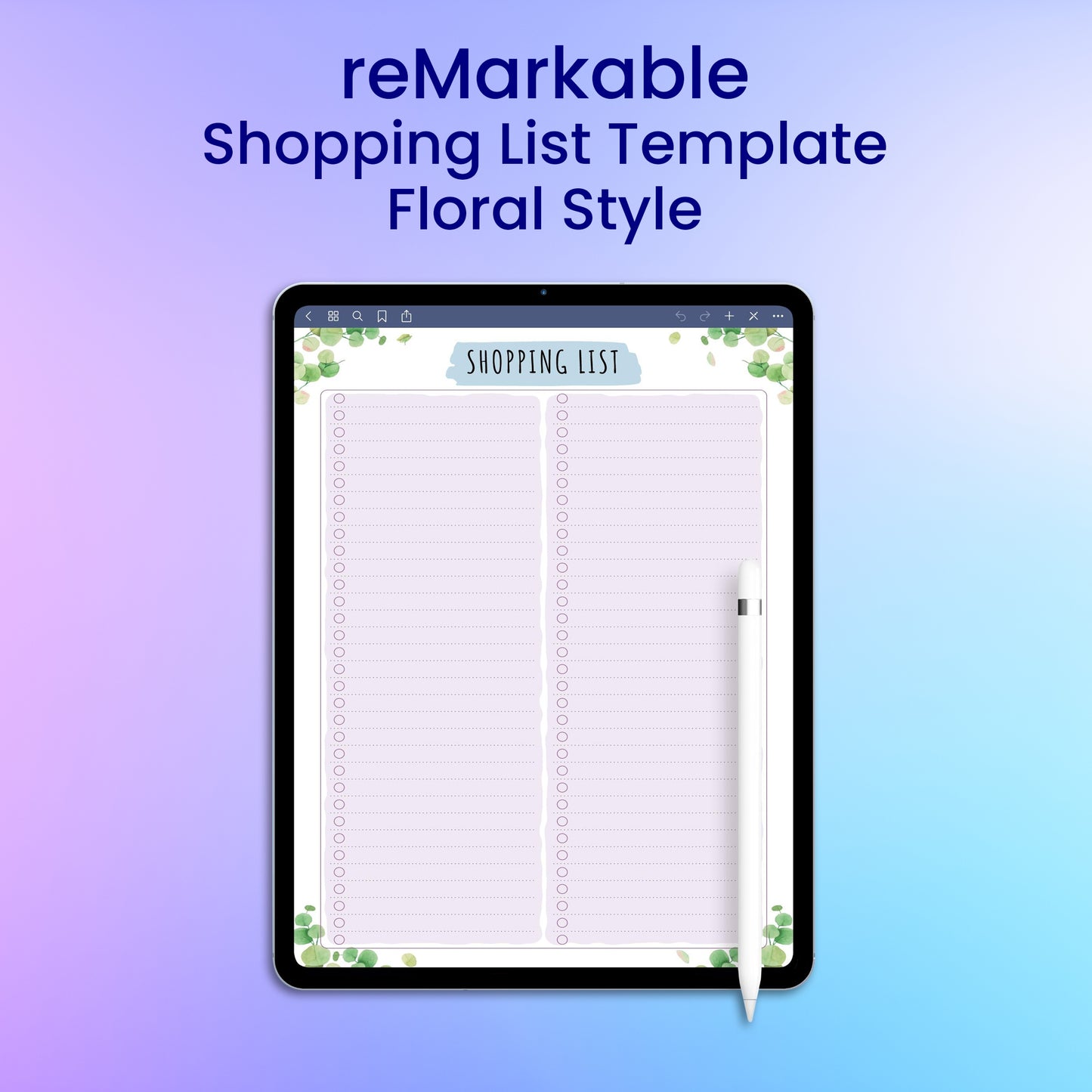 reMarkable 2 Shopping List Template - Floral Style Planner Template